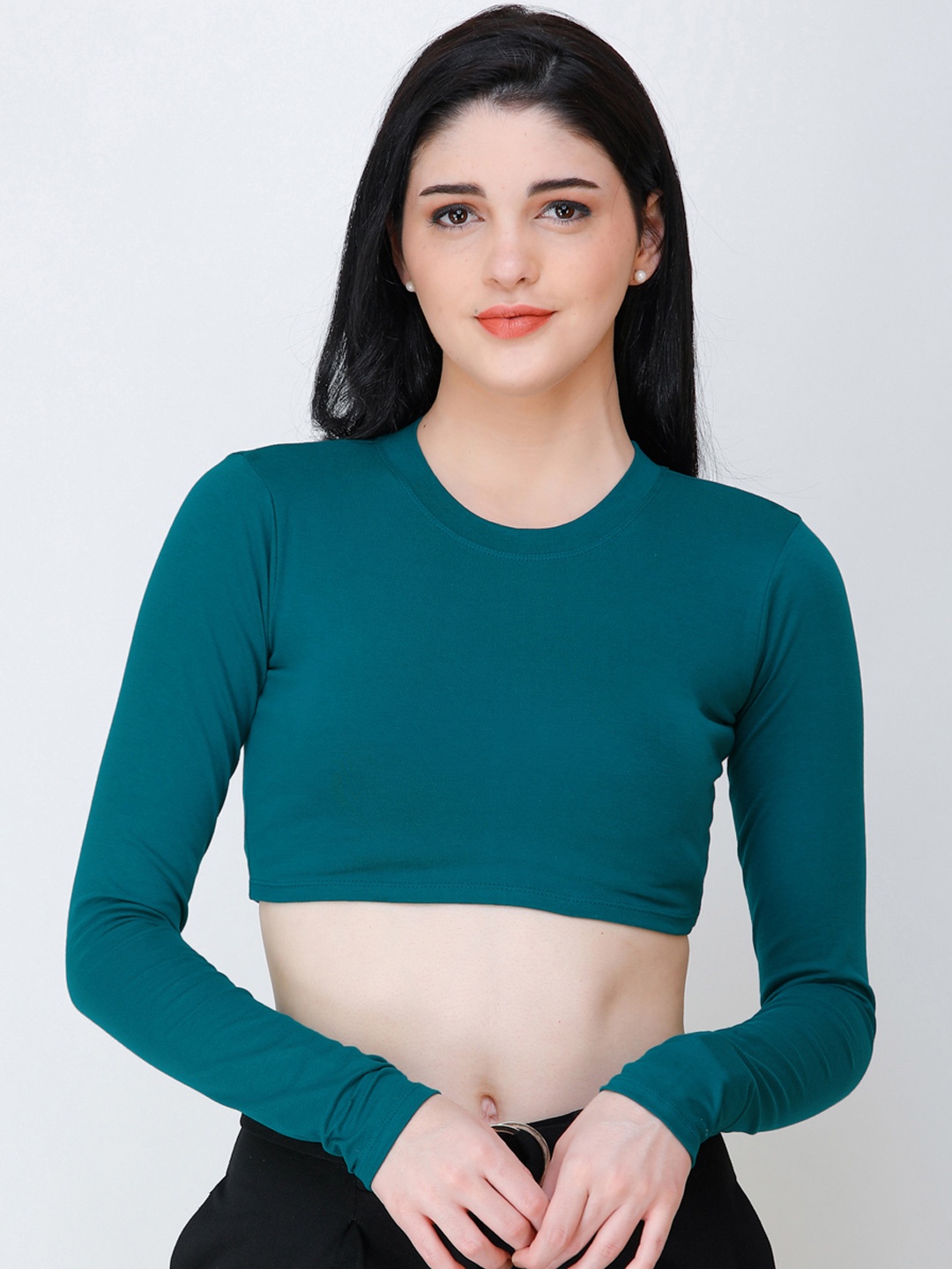 

SCORPIUS Women Teal Green Solid Knitted Crop Fitted Top