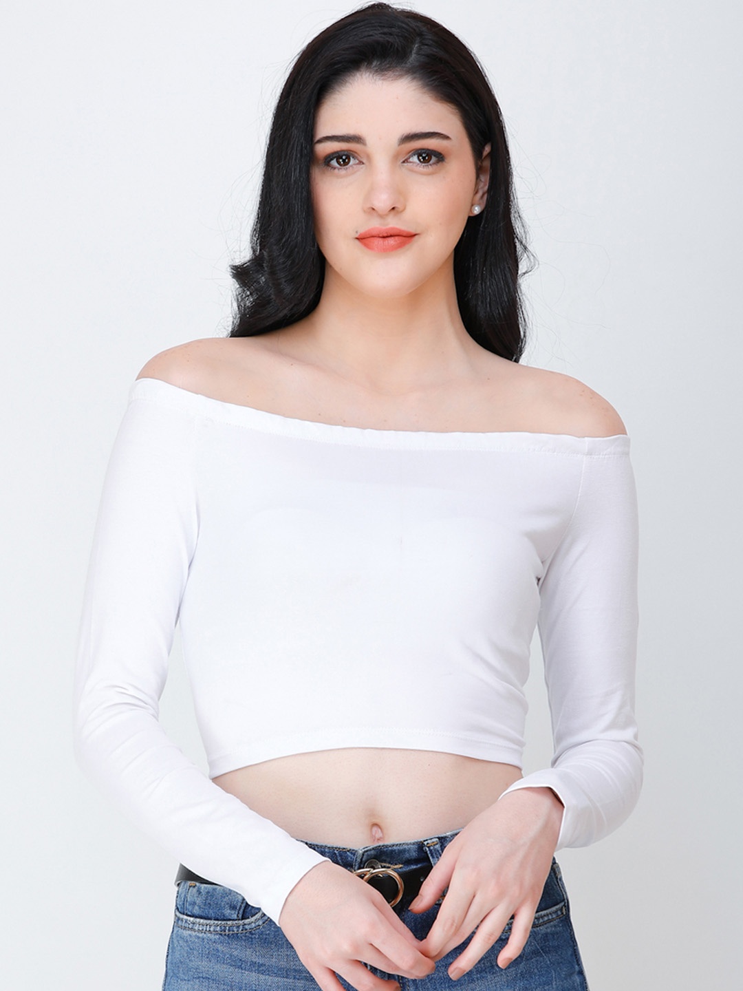 

SCORPIUS Women White Solid Cotton Blend Bardot Top