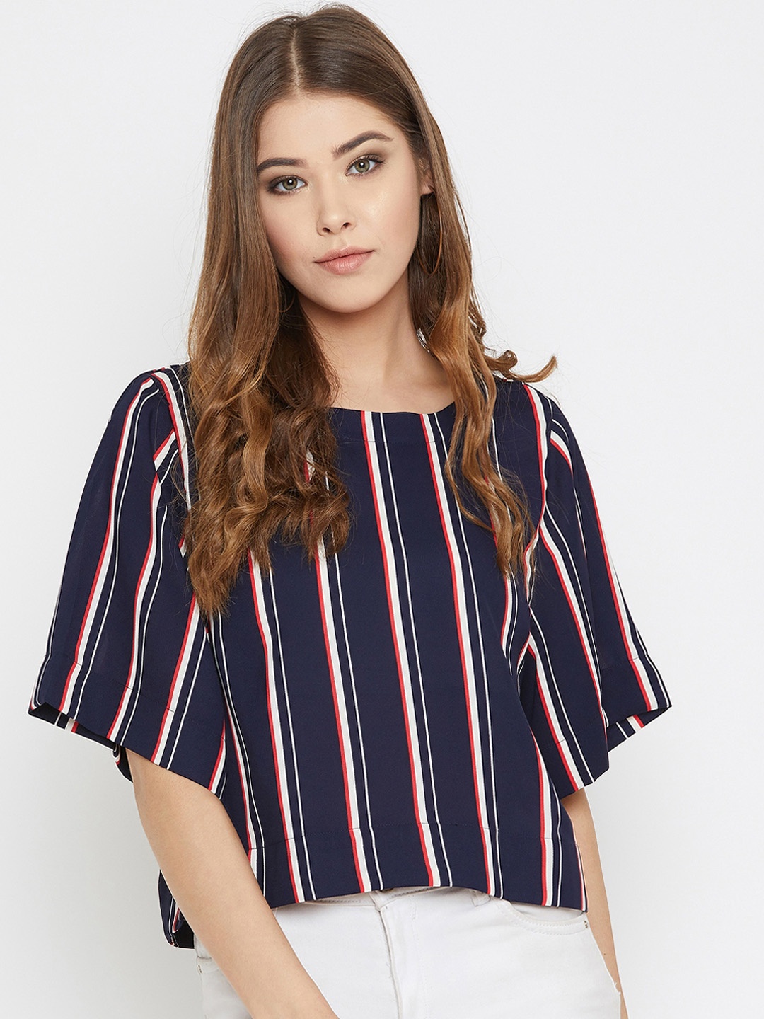 

Ruhaans Women Navy Blue & White Striped Boxy Top