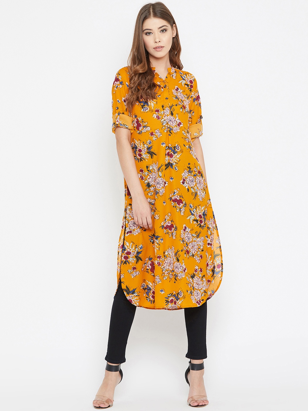 

Ruhaans Women Mustard Yellow Floral Print Straight Kurta