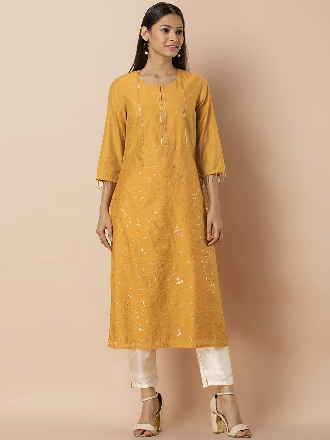 

INDYA Women Mustard Yellow Embellished Straight Kurta