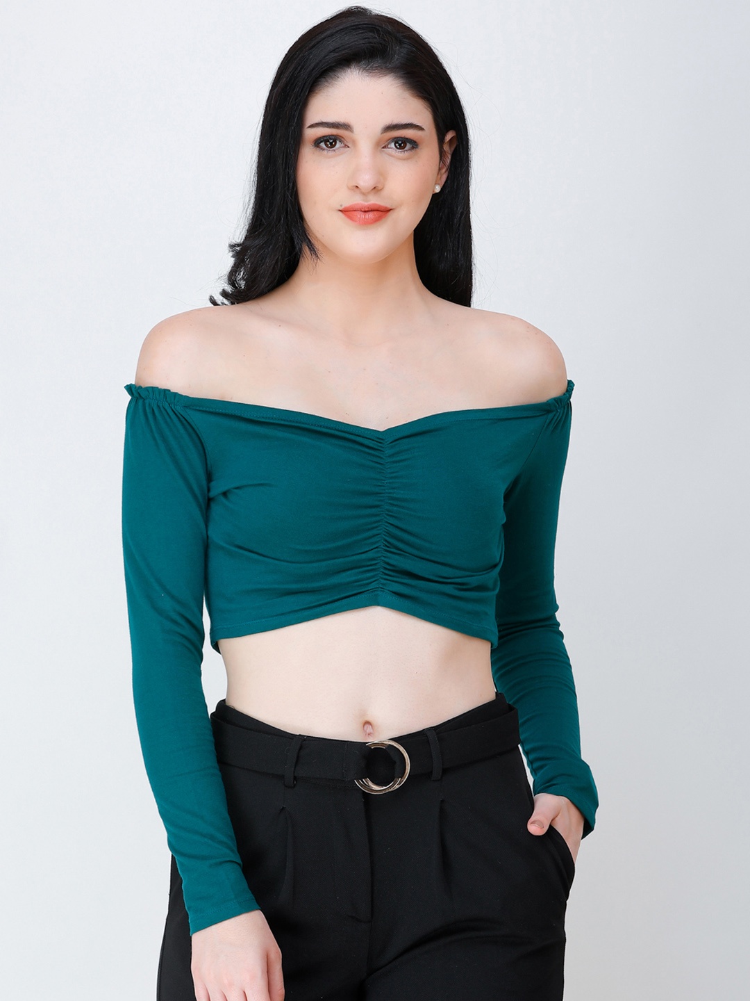 

SCORPIUS Women Teal Green Solid Bardot Top