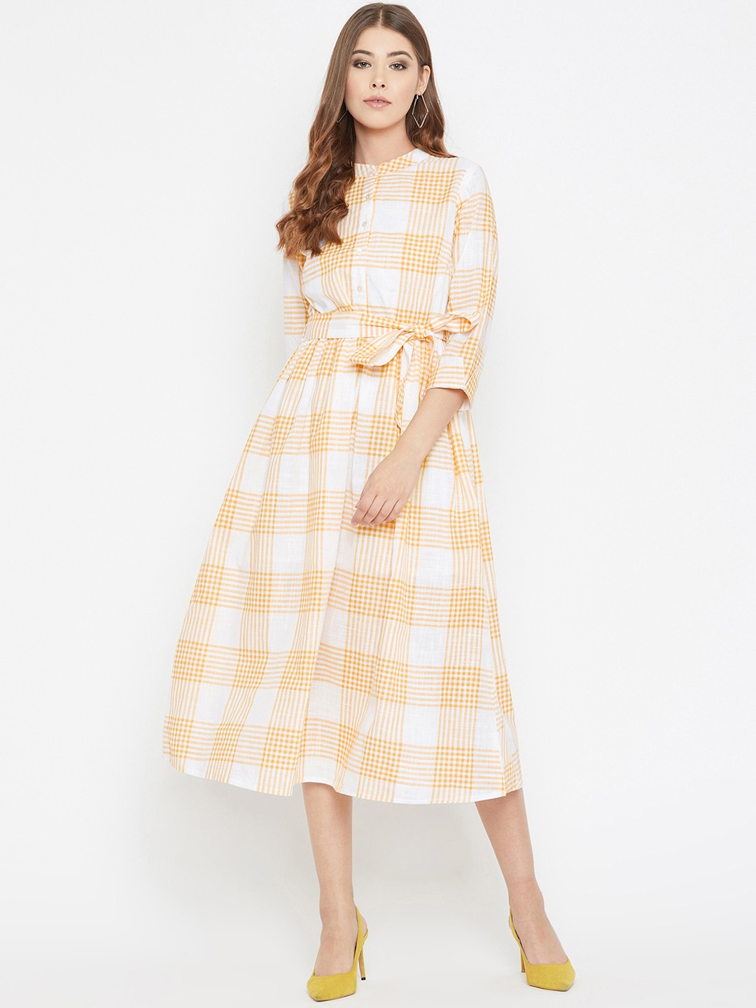 

Ruhaans Women Yellow Checked Fit and Flare Dress