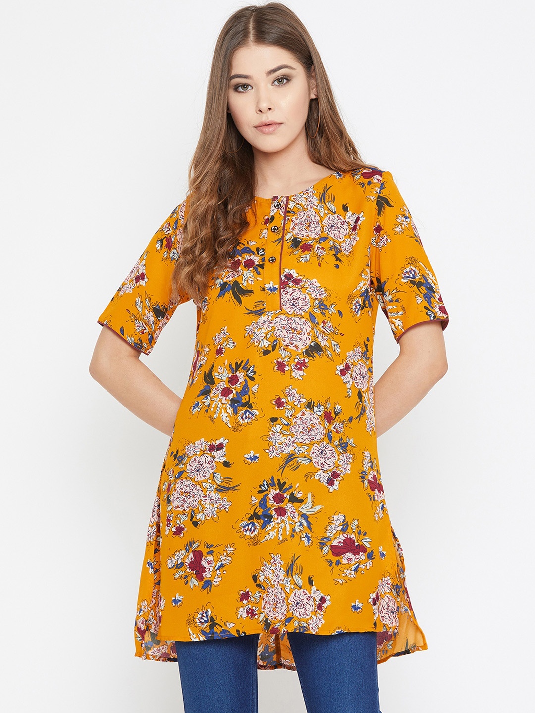 

Ruhaan's Women Mustard Yellow Floral Printed High-Low Tunic