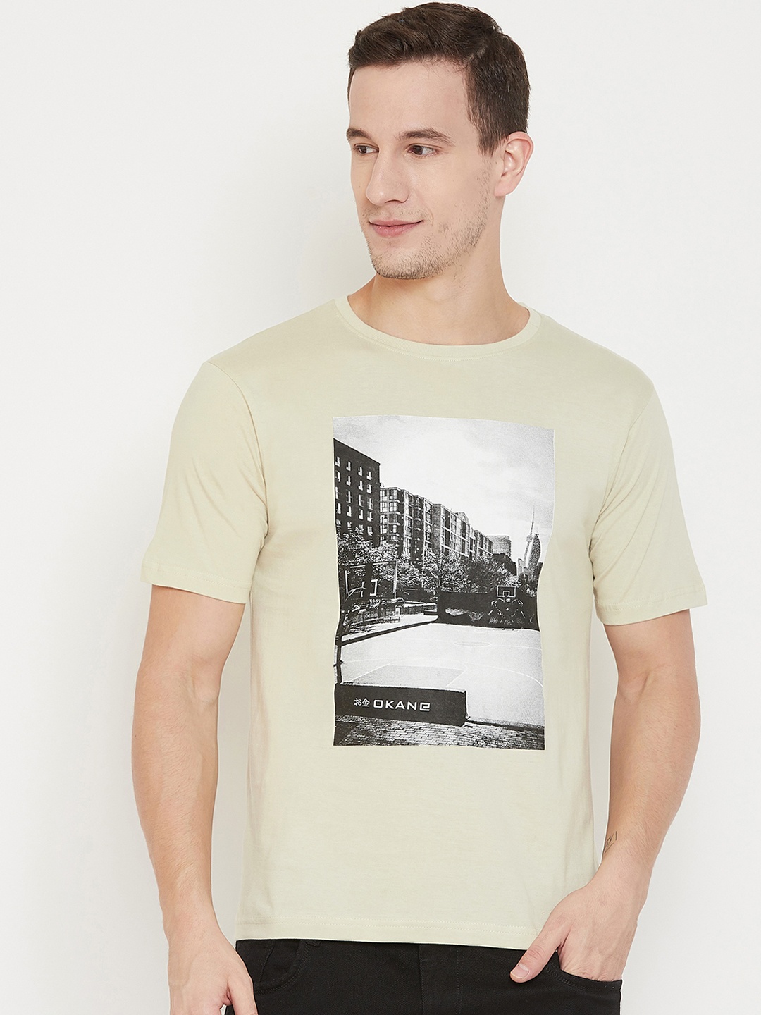 

Okane Men Cream Printed Round Neck T-shirt