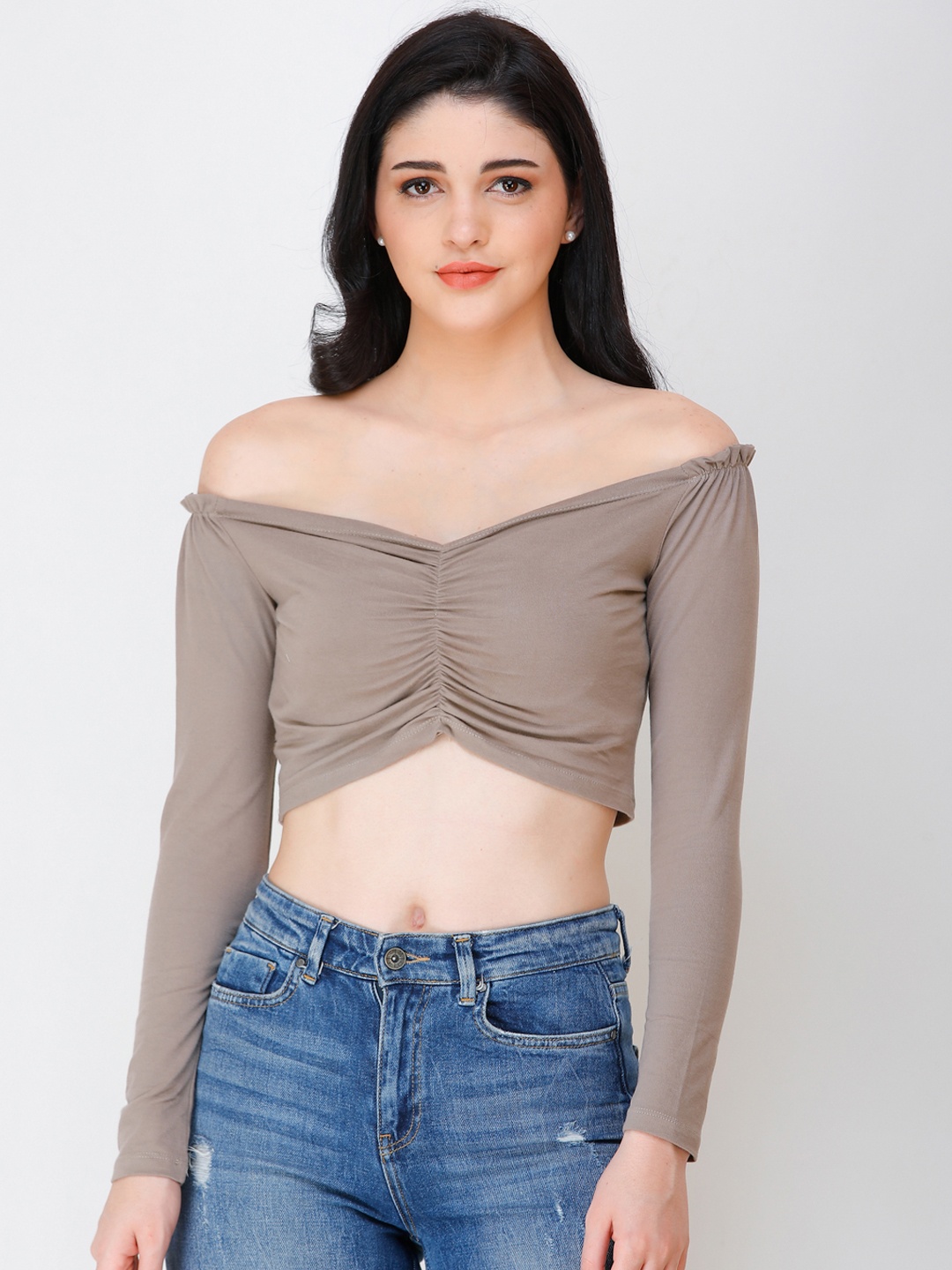 

SCORPIUS Women Beige Solid Bardot Crop Top