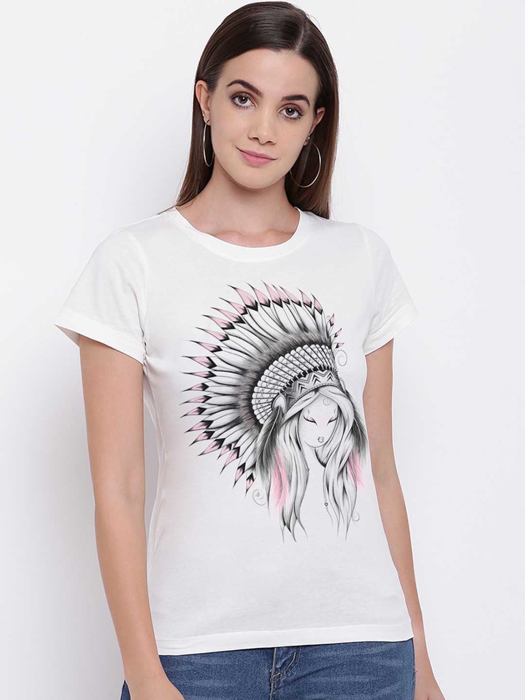 

THREADCURRY Women White Printed Round Neck T-shirt