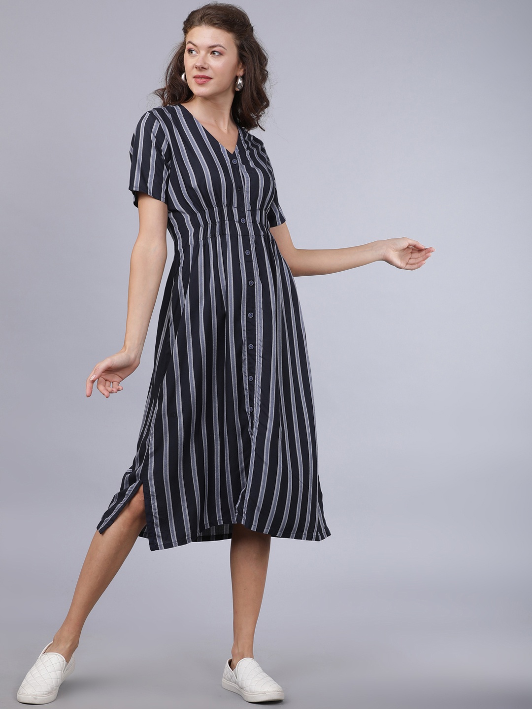 

Tokyo Talkies Women Navy Blue Striped A-Line Dress