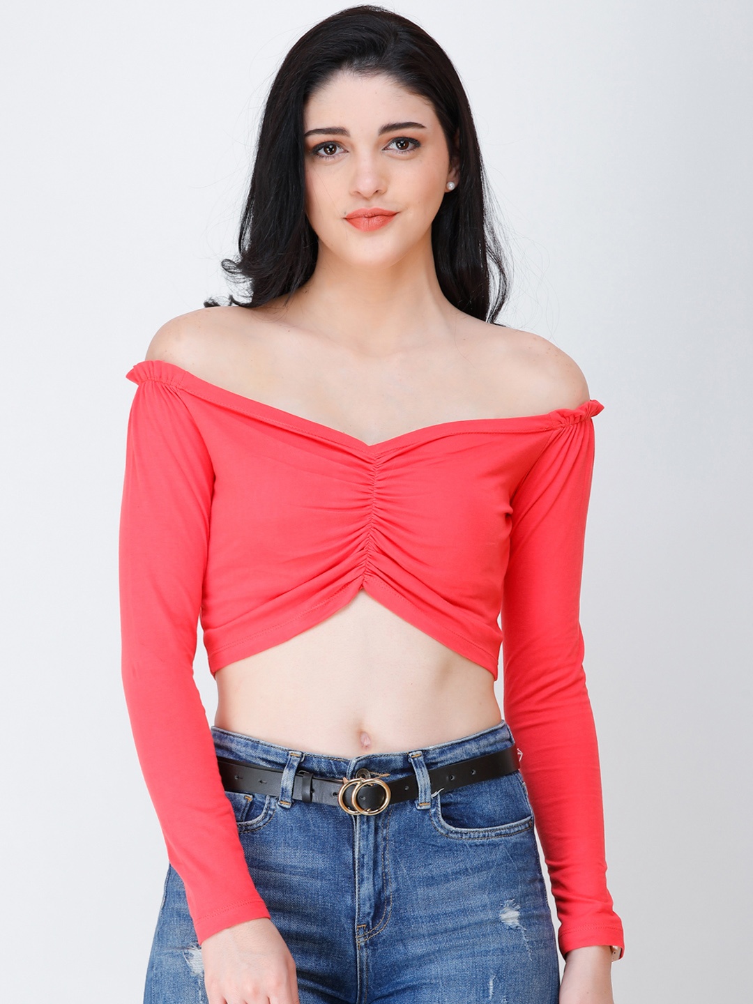 

SCORPIUS Women Coral Pink Solid Bardot Crop Top