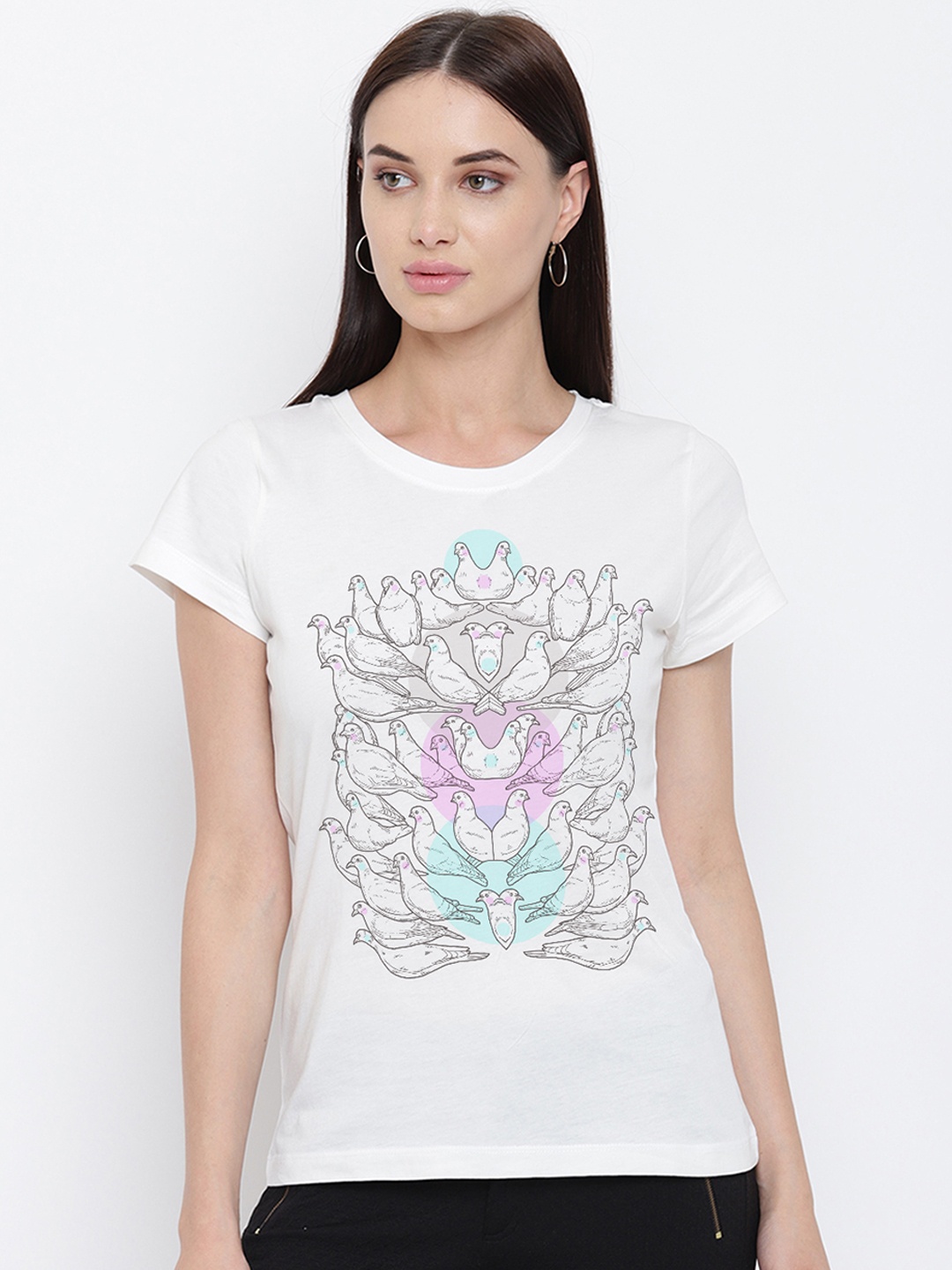

THREADCURRY Women White Printed Round Neck T-shirt