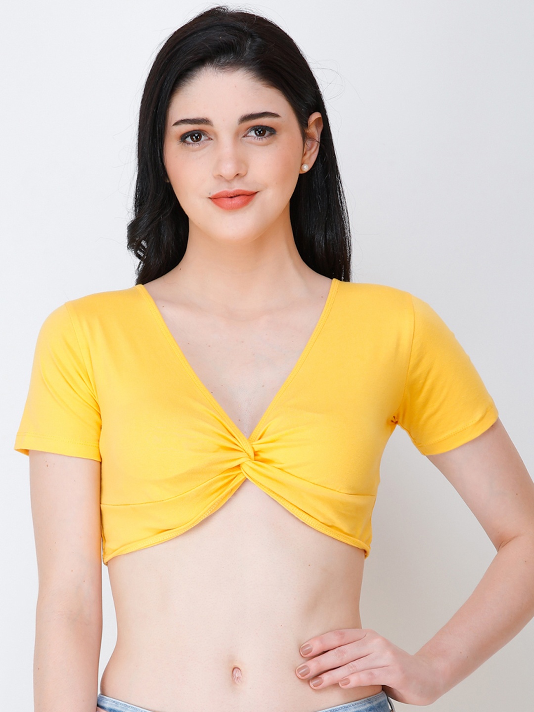 

SCORPIUS Women Yellow Solid Cotton Blend Crop Top