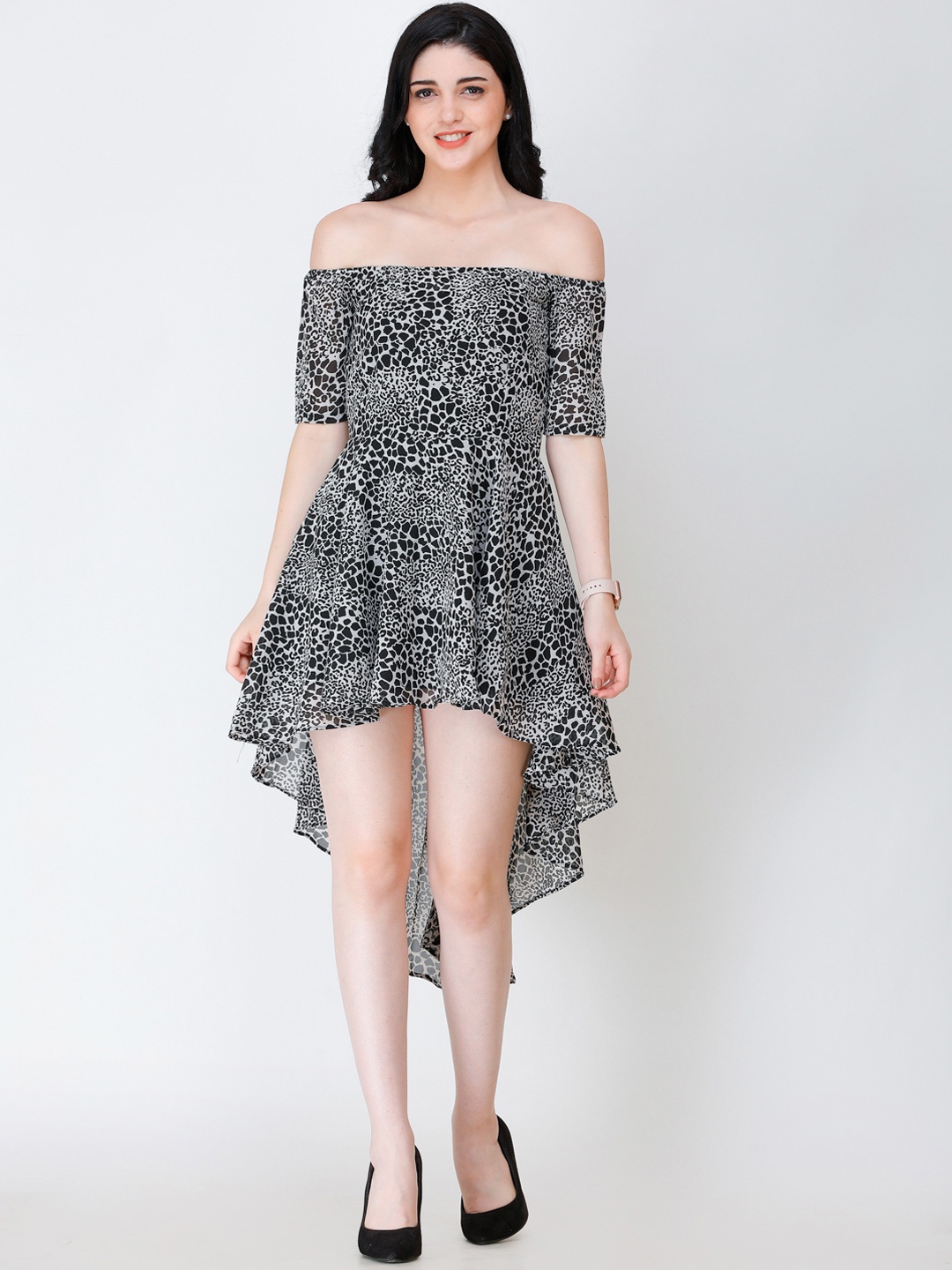 

SCORPIUS Women Black Animal Print Off Shoulder Dress
