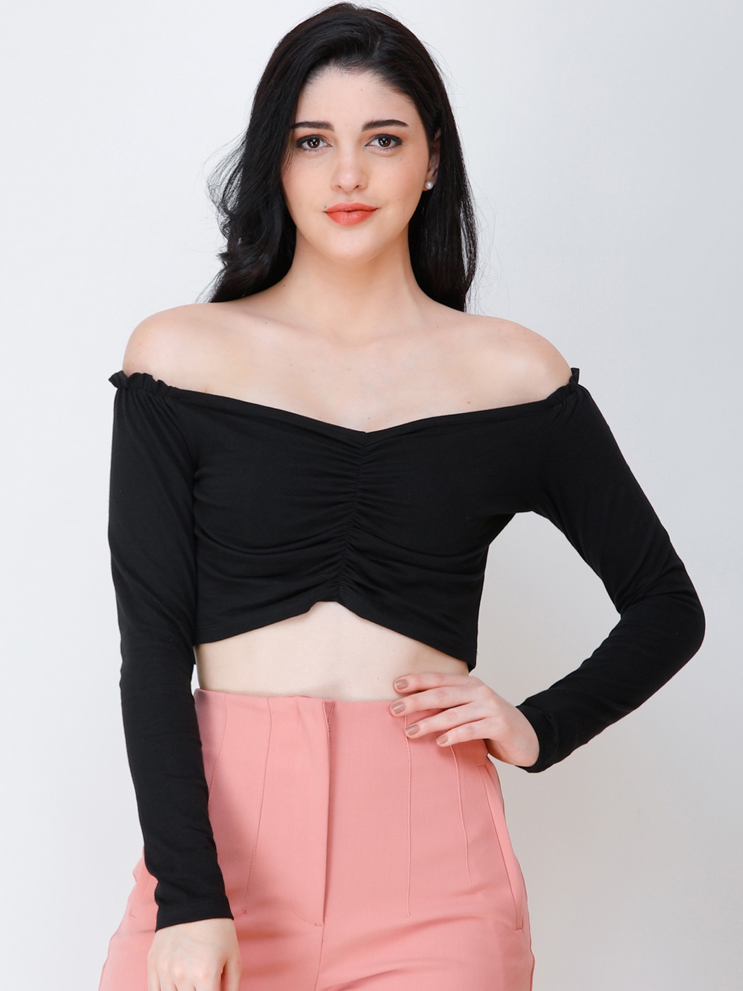 

SCORPIUS Women Black Solid Bardot Top