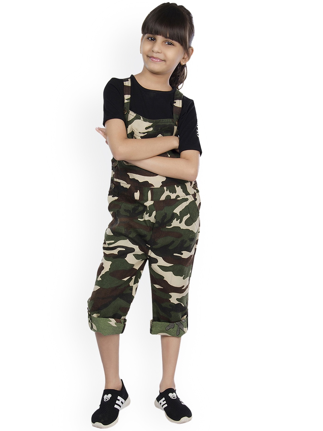 

Olele Girls Olive Green & Black Military Printed Twill Dungaree
