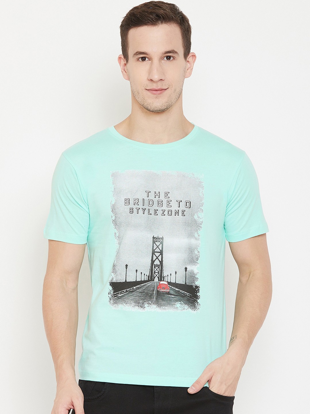 

Okane Men Turquoise Blue Printed Round Neck T-shirt