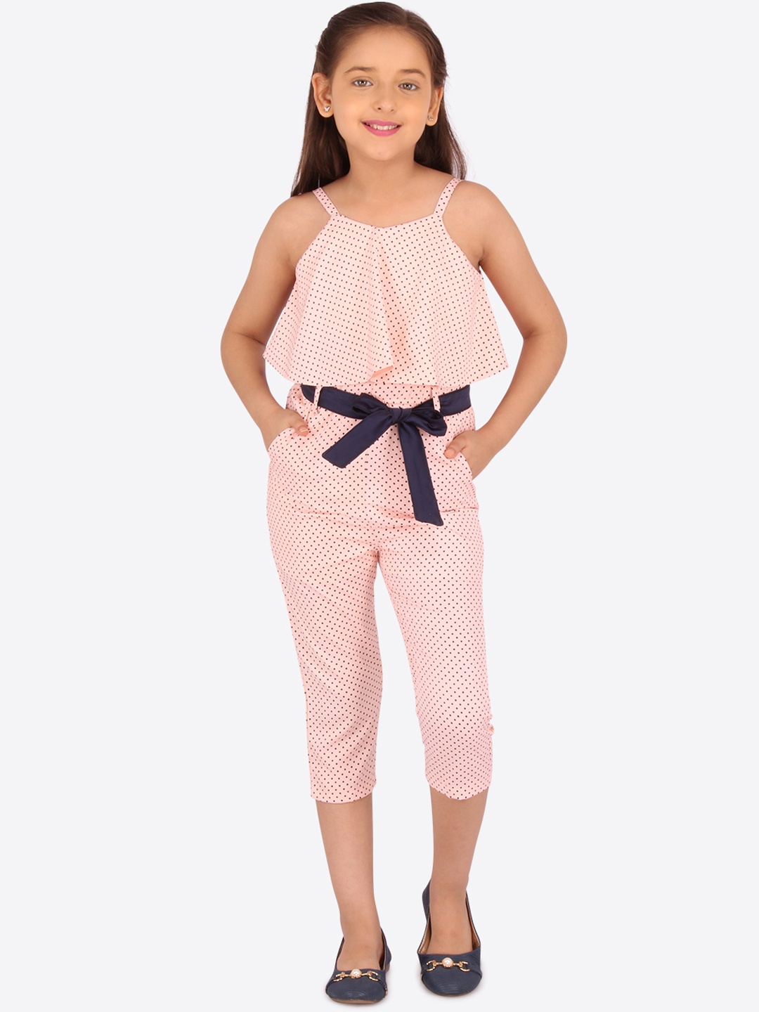 

CUTECUMBER Girls Peach-Coloured & Navy Blue Printed Capri Jumpsuit