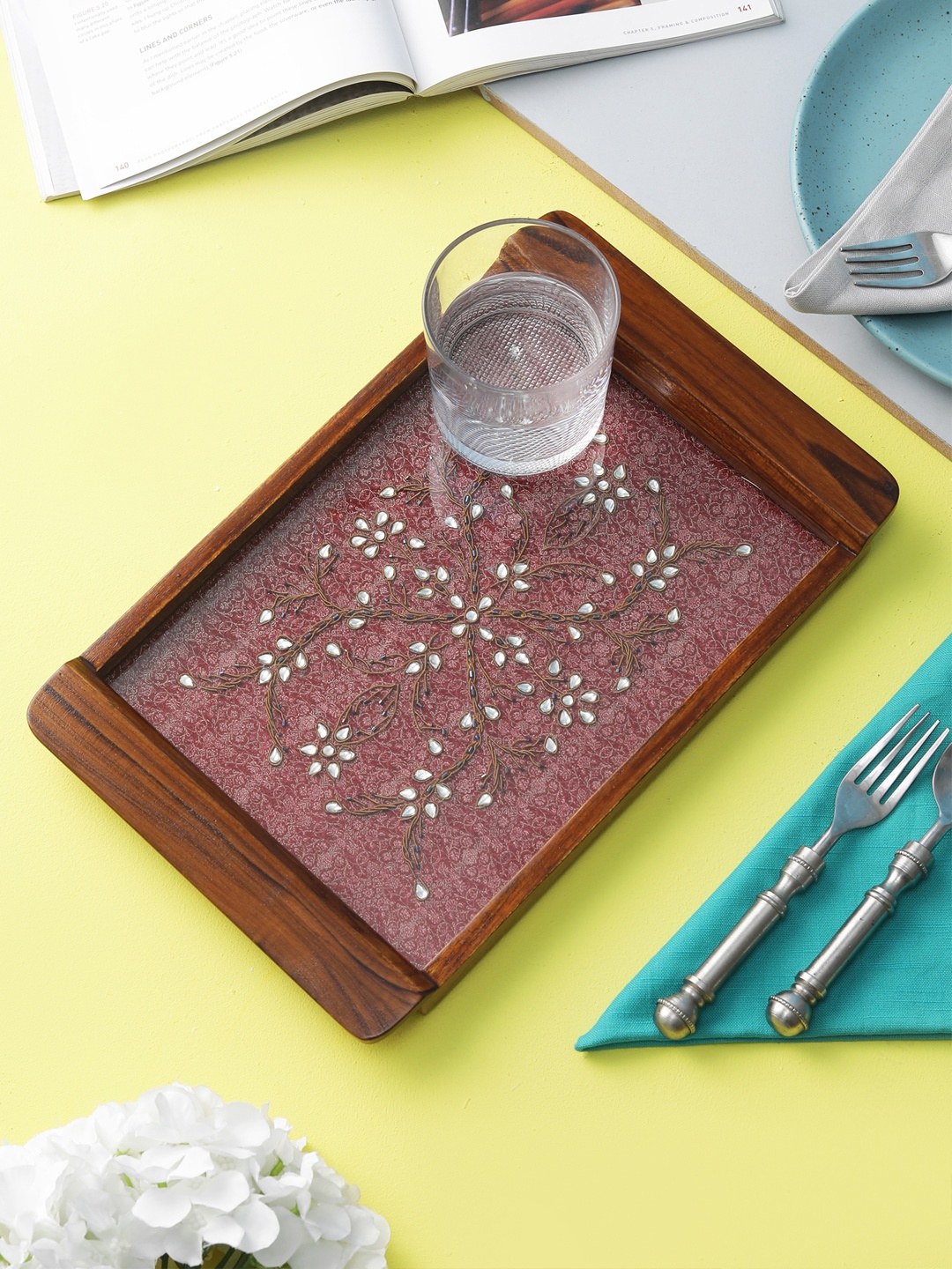 

VarEesha Brown Kundan Work Teak Wood Serving Tray, Maroon