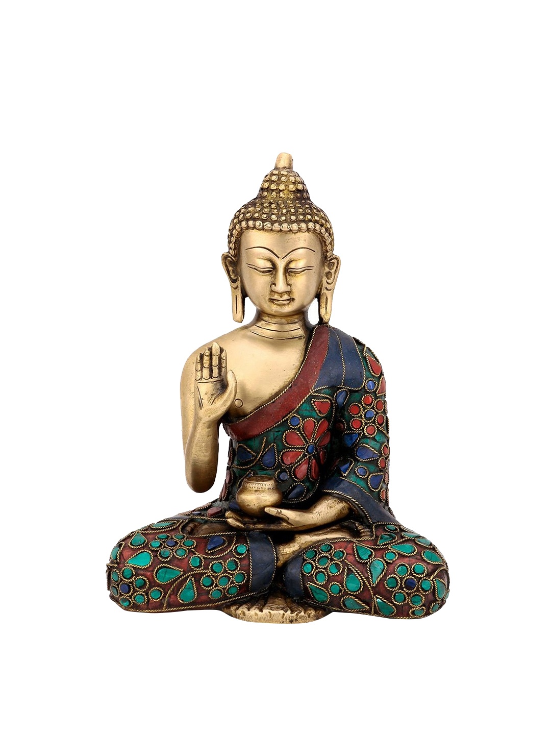 CraftVatika Gold-toned & Green Sitting Abhaya Blessing Buddha Statue Showpiece
