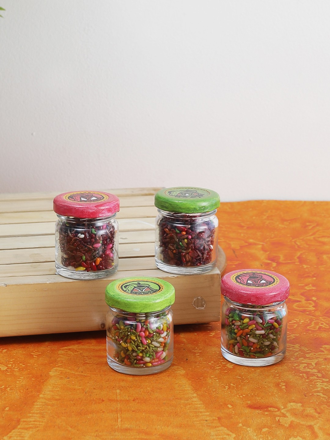 

VarEesha Set Of 4 Hand-Painted Glass Jars 50 ml each, Transparent