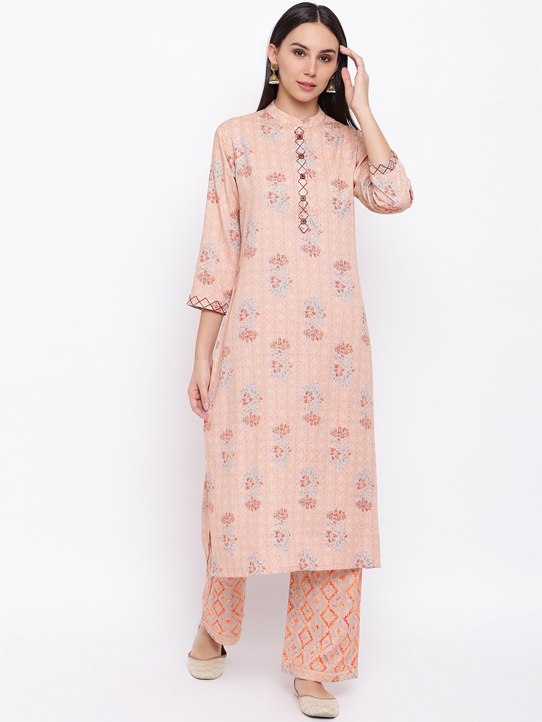 

FABNEST Women Peach-Coloured Printed Kurta with Palazzos