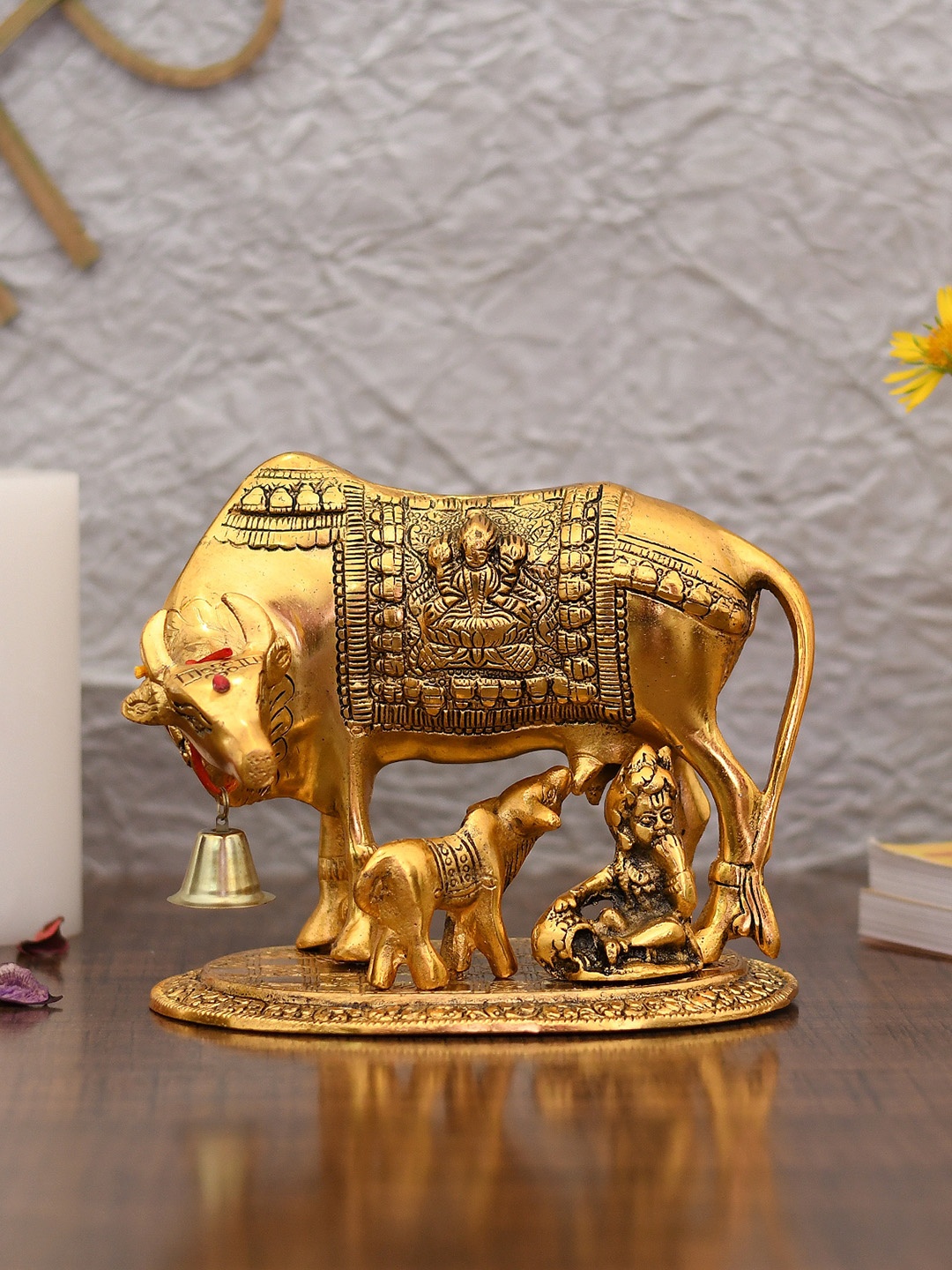 

CraftVatika Gold-Toned Metal Kamdhenu Cow With Calf & Krishna Idol Showpiece