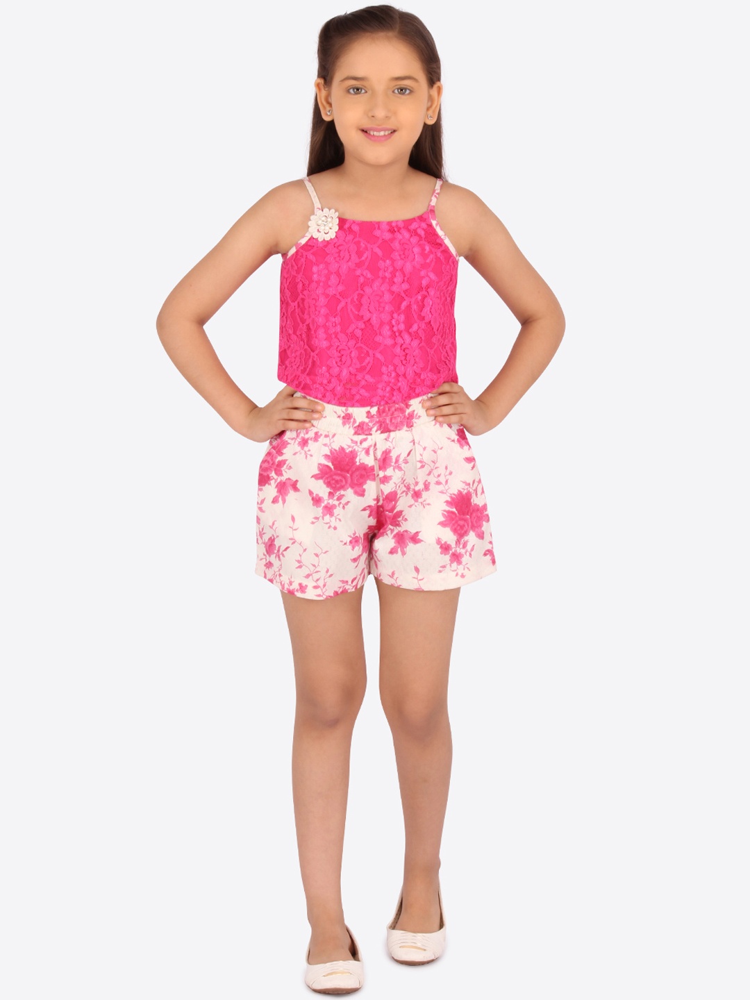 

CUTECUMBER Girls Pink & Off-White Self Design Top with Shorts