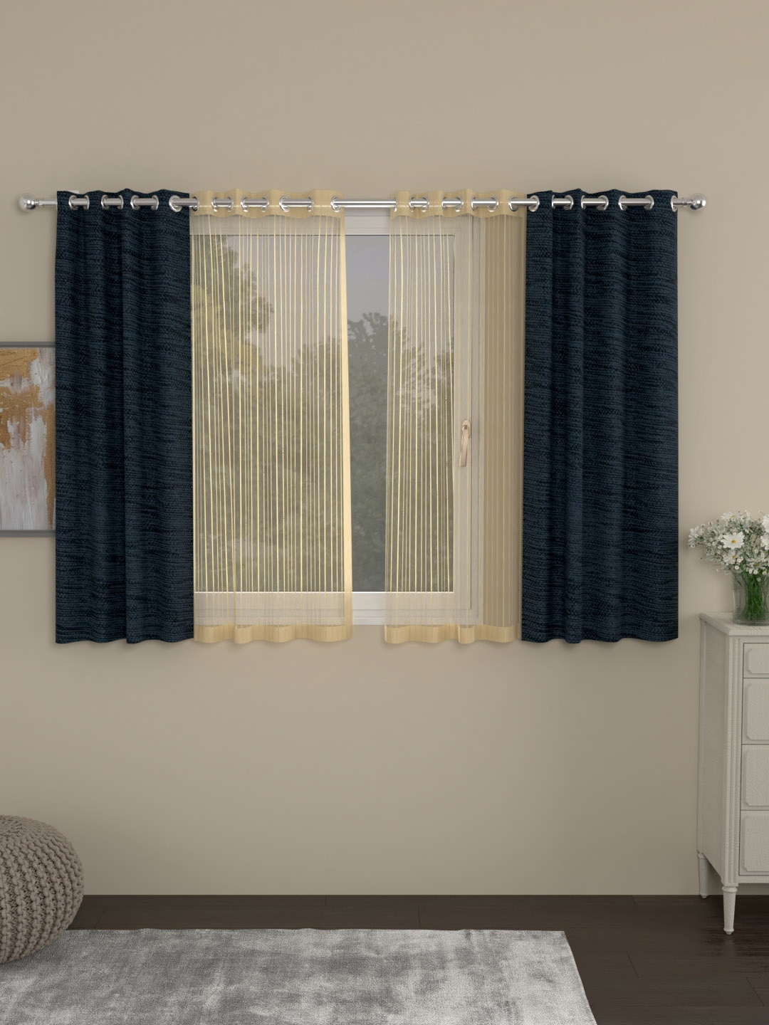 

ROSARA HOME Navy Blue & Gold-Toned Set of 4 Window Curtains
