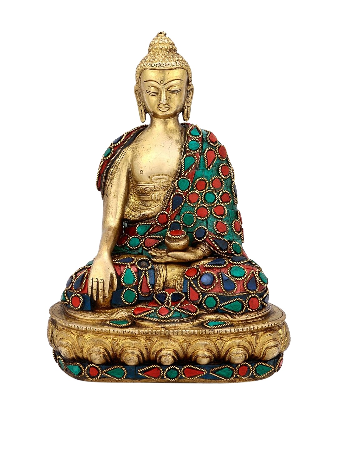 CraftVatika Gold-Toned & Green Earth Touching Tibet Buddha Brass Statue Showpiece