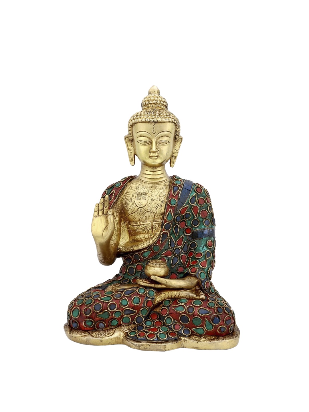 

CraftVatika Gold-Toned & Green Blessing Buddha With Pose Sacred Kalash & Draped In Shawl Showpiece