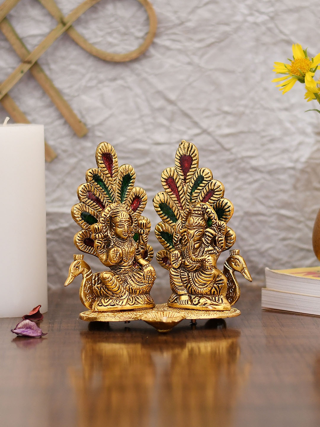 

CraftVatika Gold-Toned & Red Pure Gold Laxmi Ganesh Idol Murti Showpiece