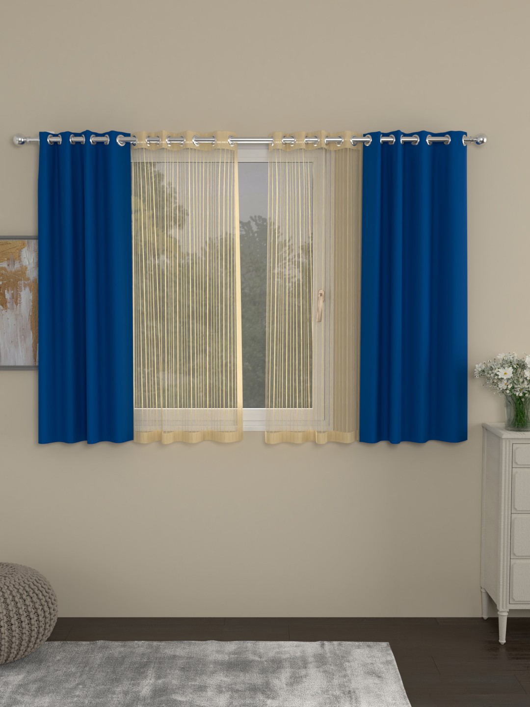 

ROSARA HOME Blue & Gold-Toned Set of 4 Window Curtains