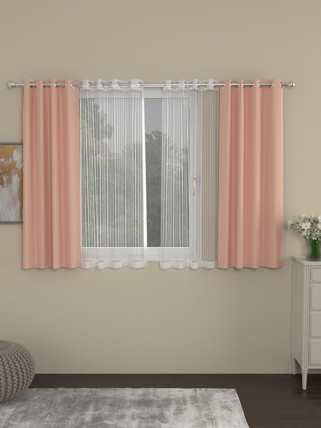 ROSARA HOME Peach & White Set of 4 Window Curtains