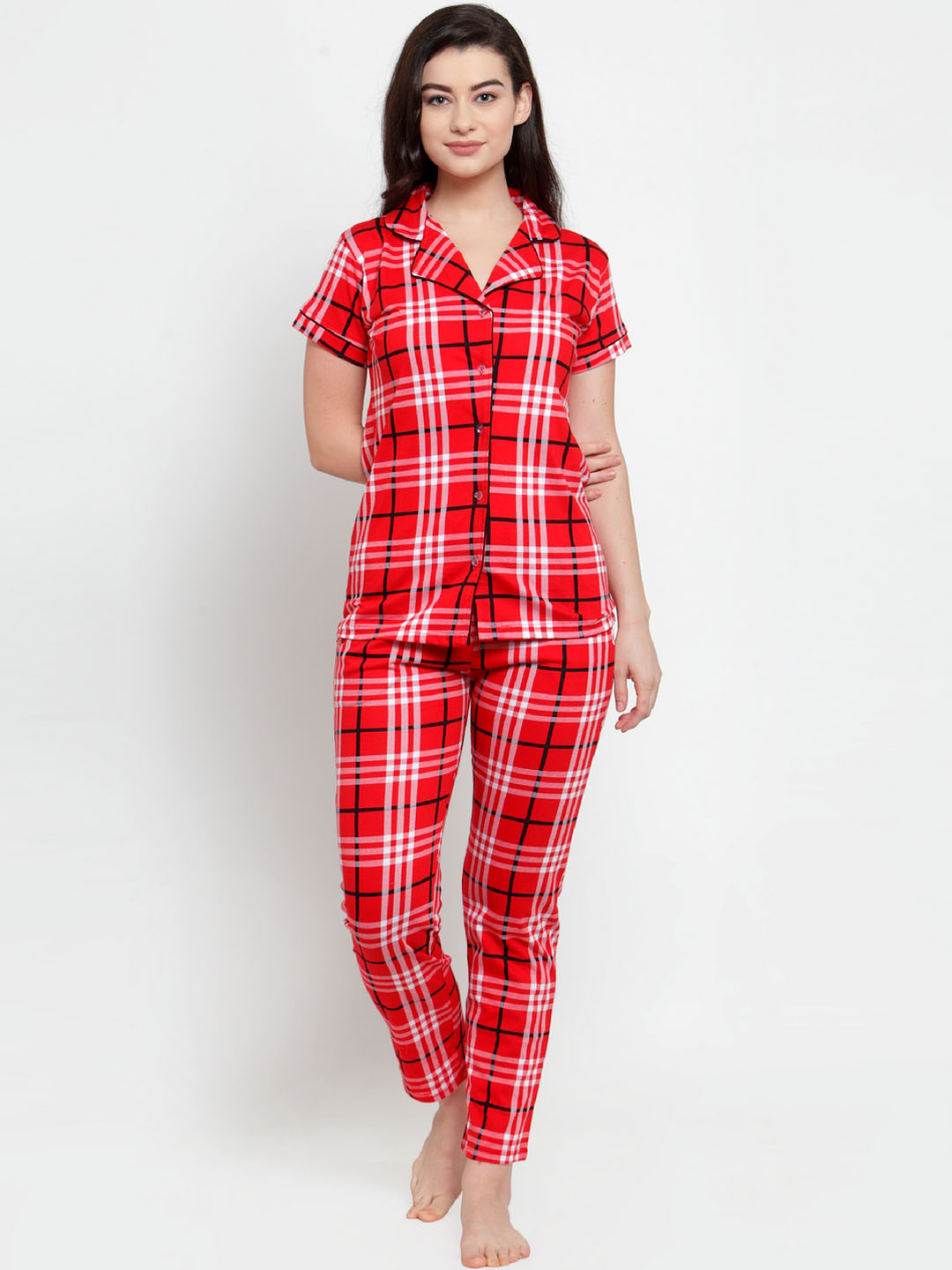 

Secret Wish Women Red Checked Night suit