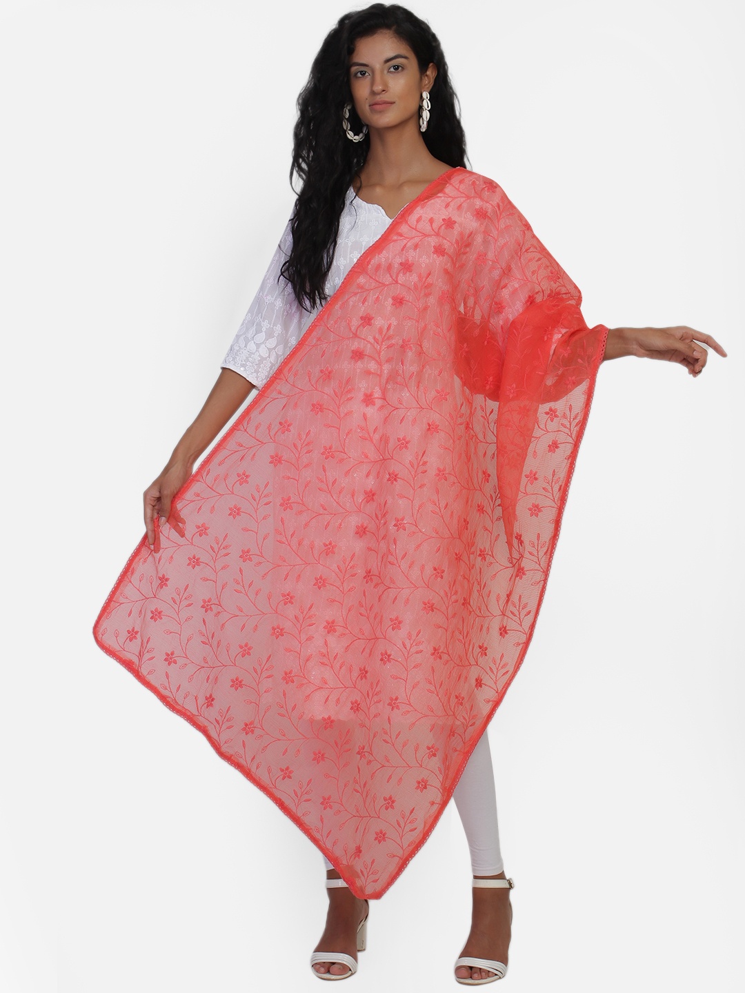 amraoo Coral-Red Net Embroidered Dupatta