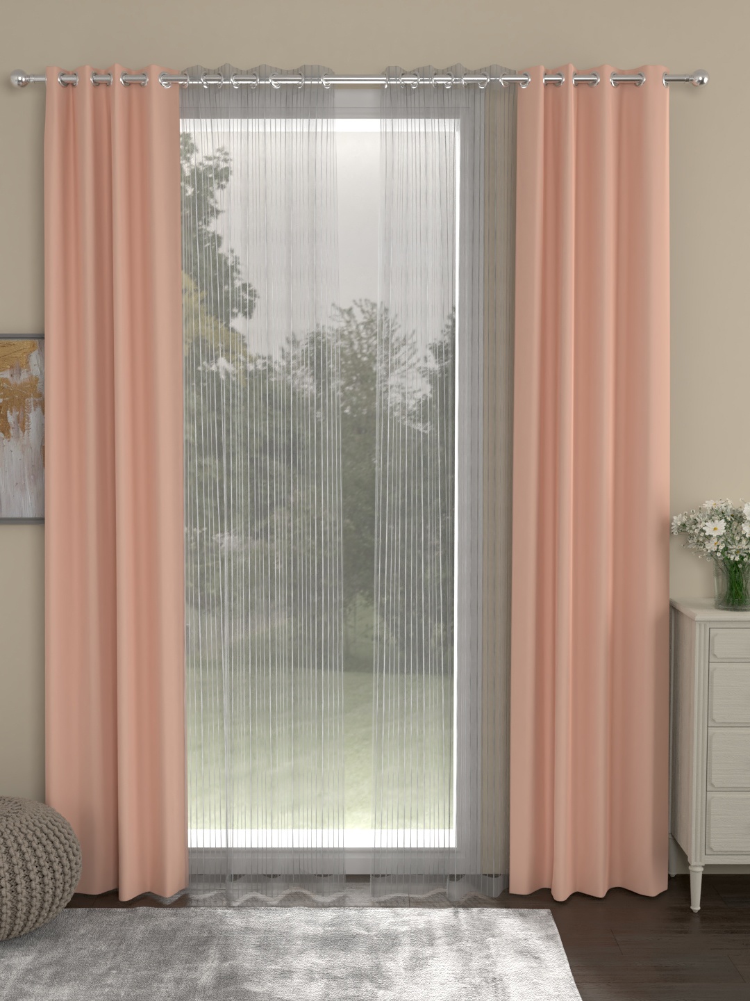 

ROSARA HOME Set of 4 Peach-Coloured & Grey Door Curtains