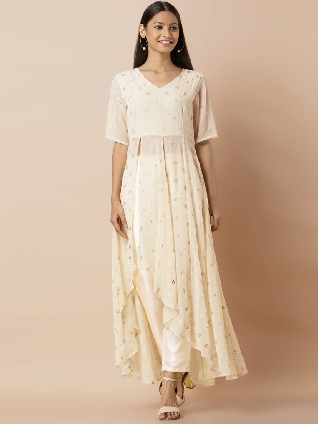 

INDYA Ivory Foil Side Slit High Low Tunic, White