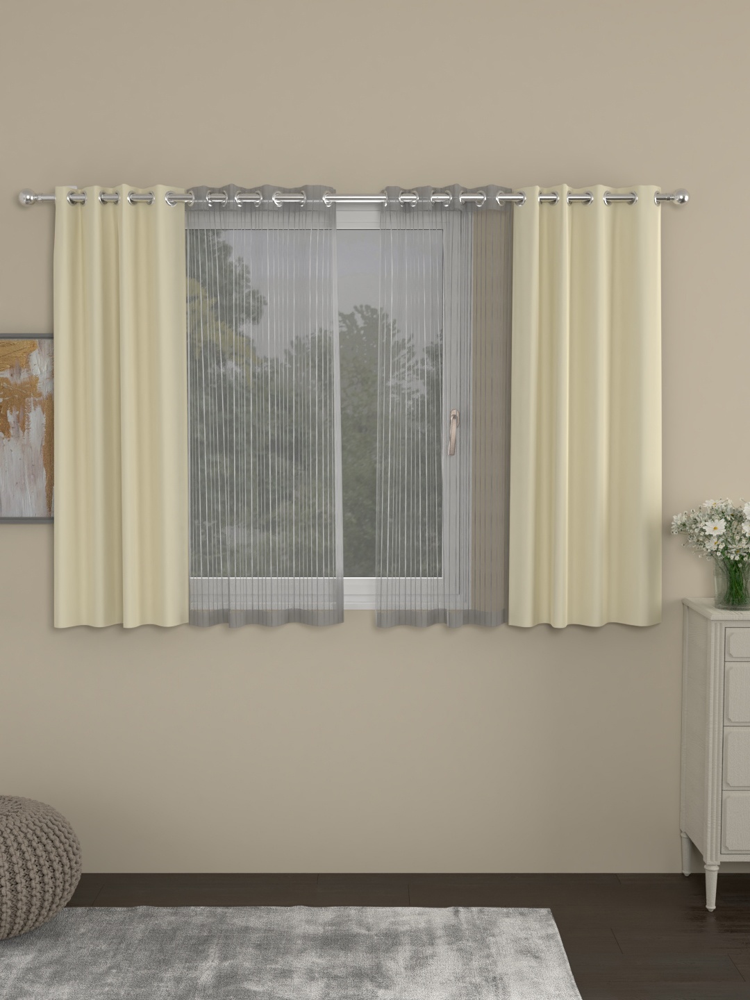 ROSARA HOME Pack of 4 Erba Striped Window Curtains, Cream