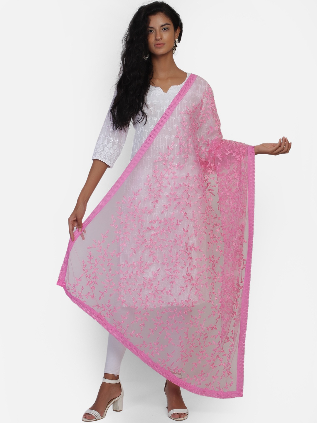 

amraoo Pink & White Net Embroidered Dupatta