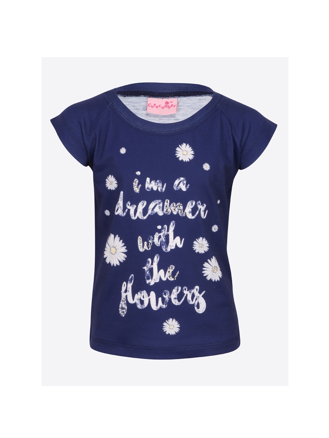 

CUTECUMBER Girls Navy Blue & White Typography Print T-shirt