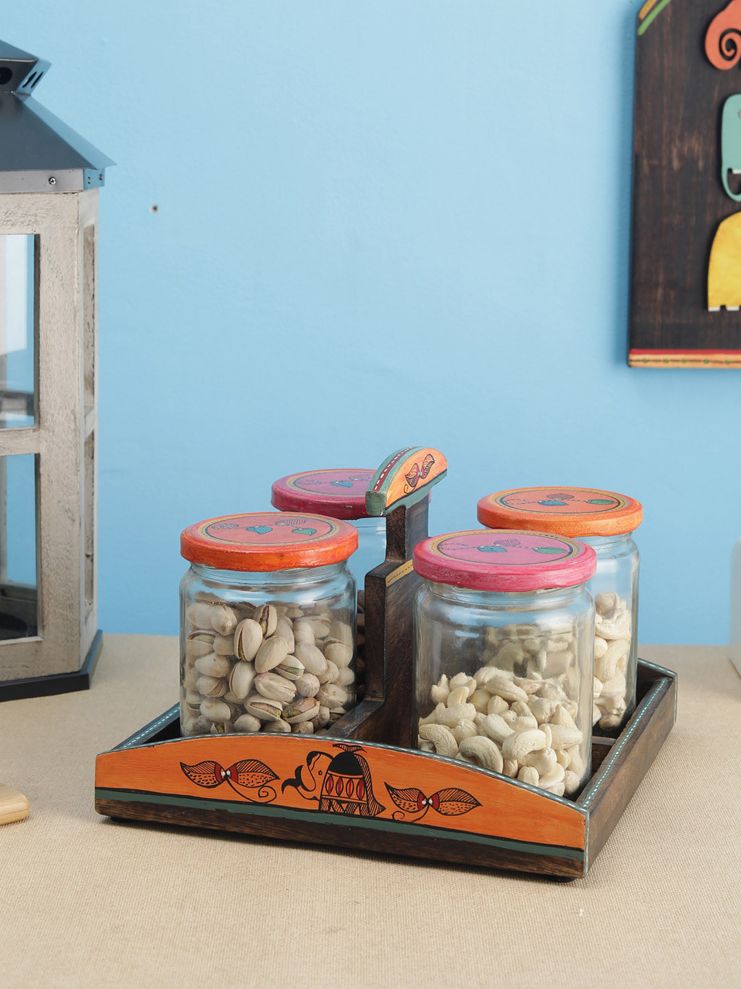 

VarEesha Set Of 4 Transparent & Brown Hand-Painted Lid Glass Jars With Wooden Tray