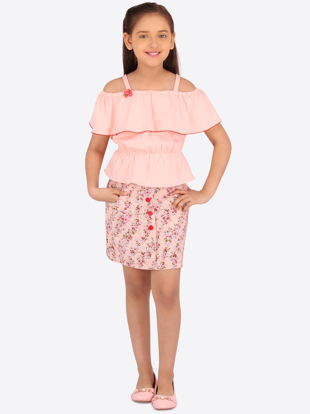 

CUTECUMBER Girls Peach Solid Bardot Top with Pencil Skirt
