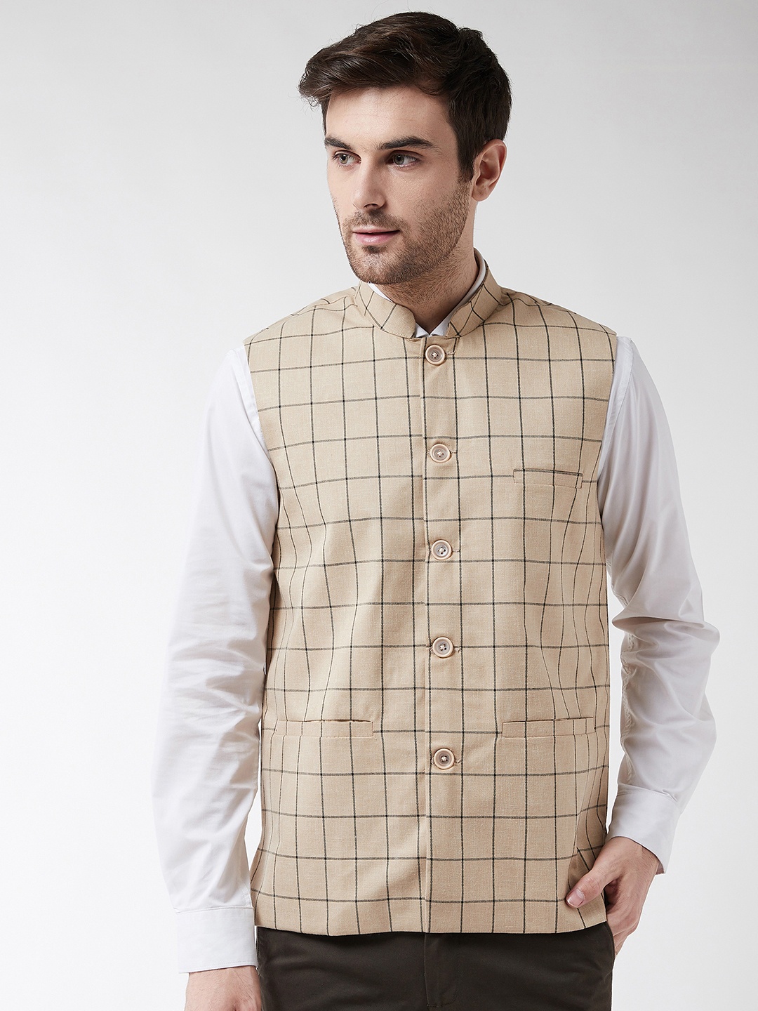 

SOJANYA Men Brown Checked Woven Nehru Jacket