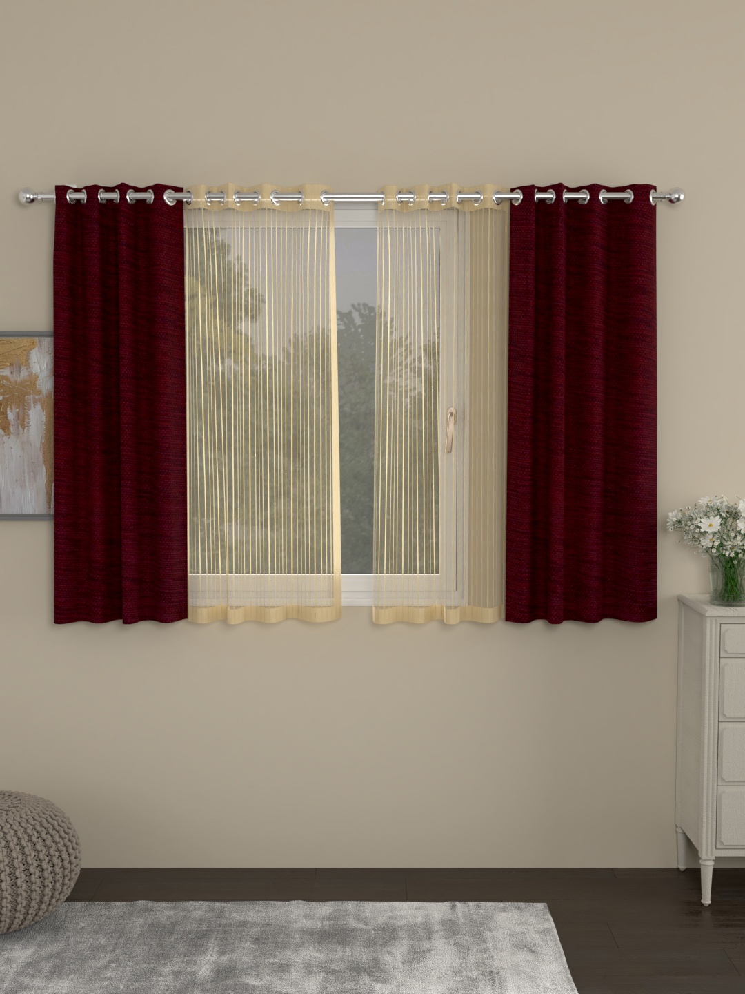 

ROSARA HOME Maroon & Gold-Toned Set of 4 Mateo Window Curtains