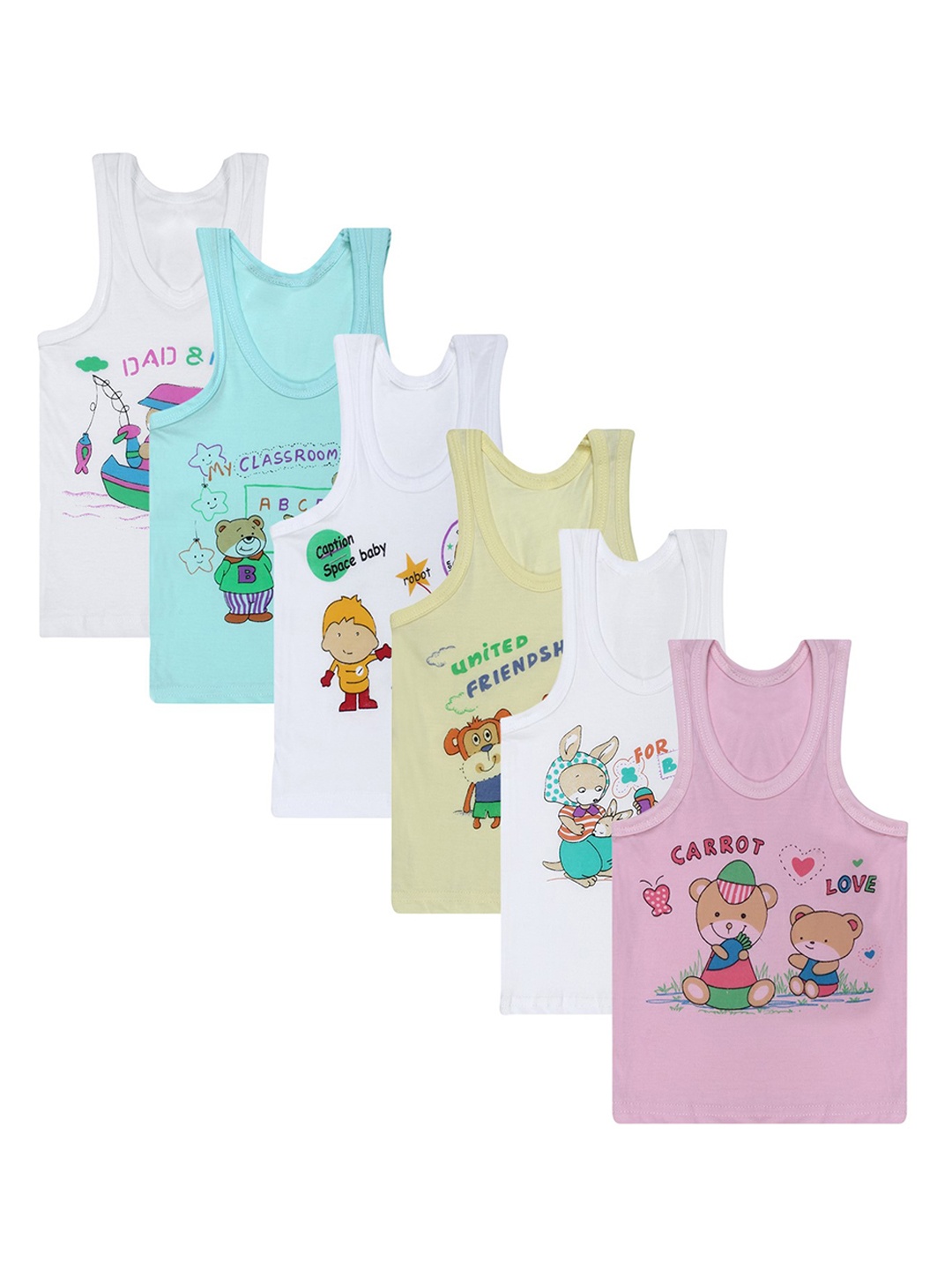 

Superminis Infant Kids Pack Of 6 Multicoloured Printed Innerwear Vests, Multi