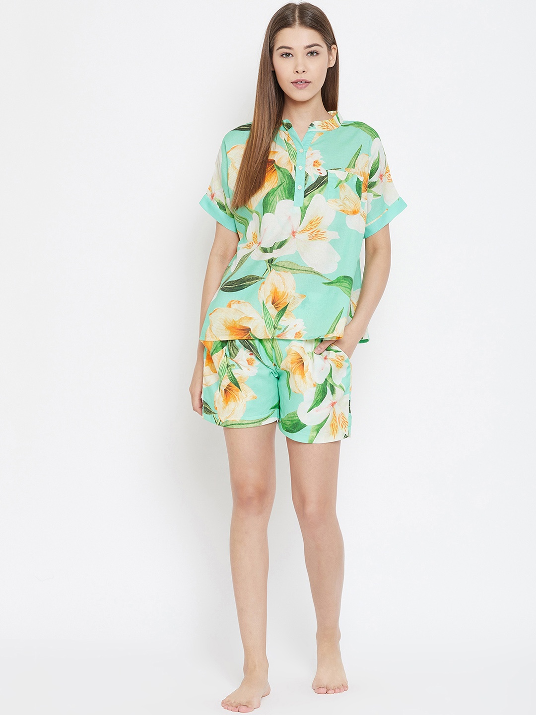 

The Kaftan Company Women Sea Green & Orange Printed Night suit