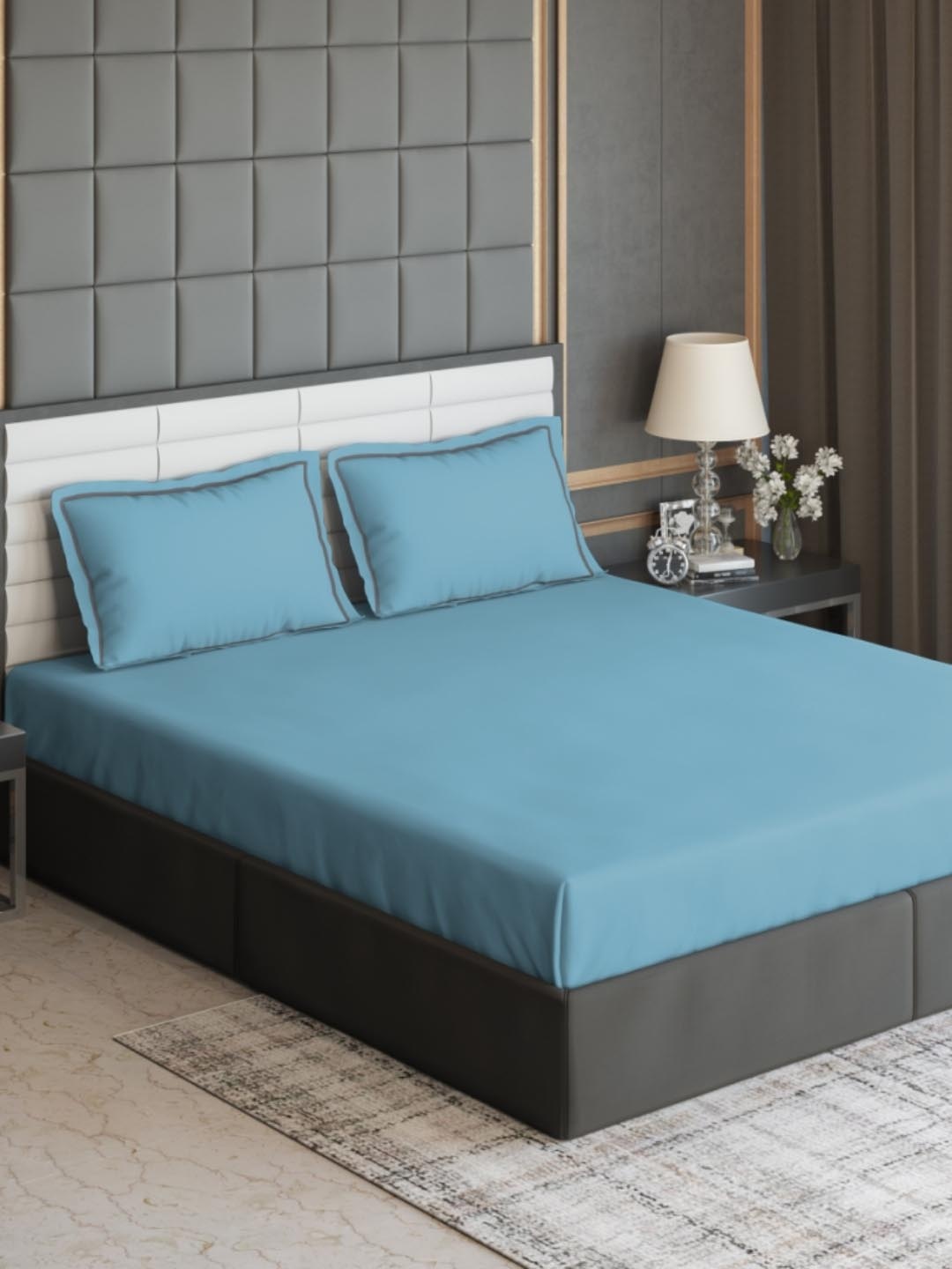 

DDecor Blue Solid 300 TC Cotton 1 King Bedsheet with 2 Pillow Covers