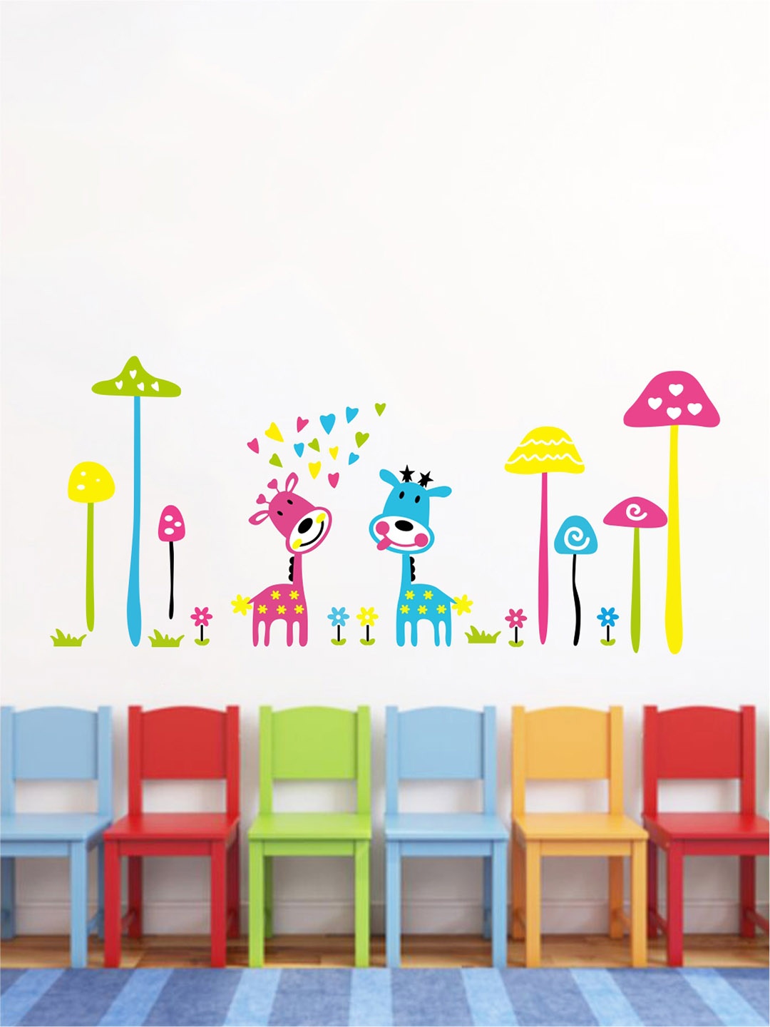 

rawpockets Multicoloured Giraffie Under Mushrooms Wall Stickers, Multi