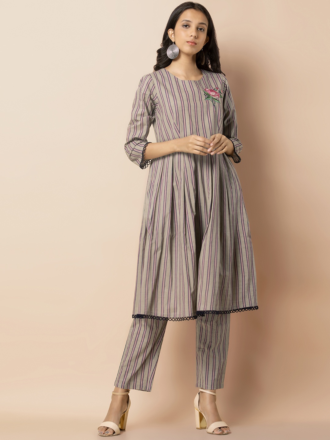 

INDYA Women Taupe & Pink Striped A-Line Kurta