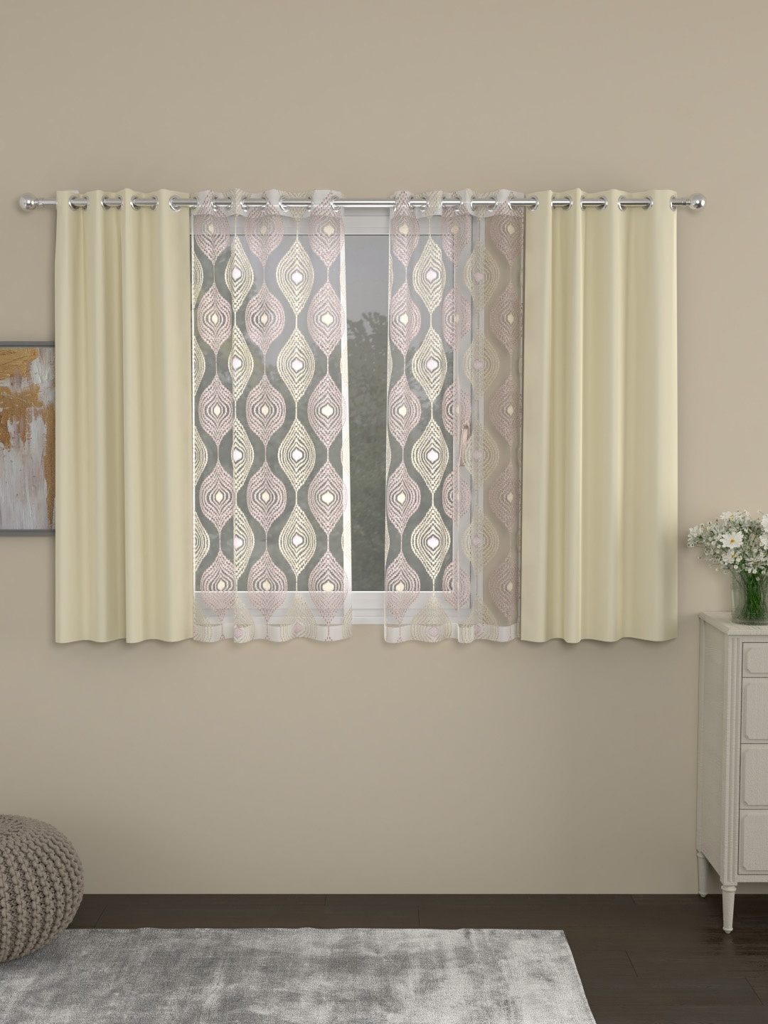 

ROSARA HOME Pack of 4 Multicoloured Erba ogge Window Curtains, Cream