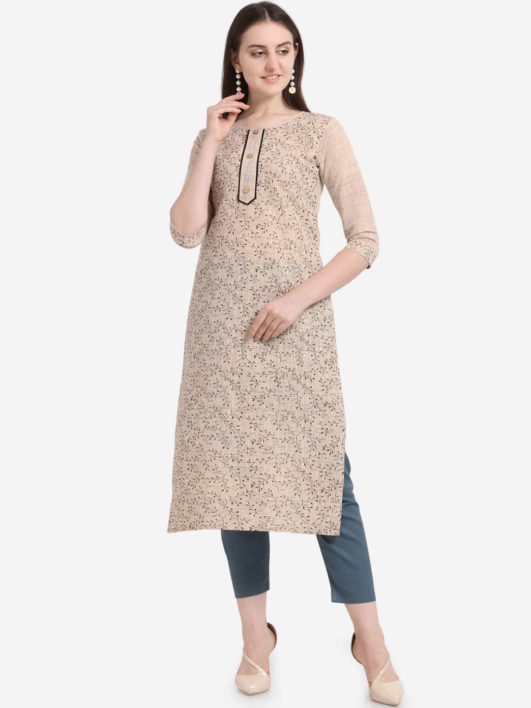 

Kvsfab Women Beige Printed Straight Kurta